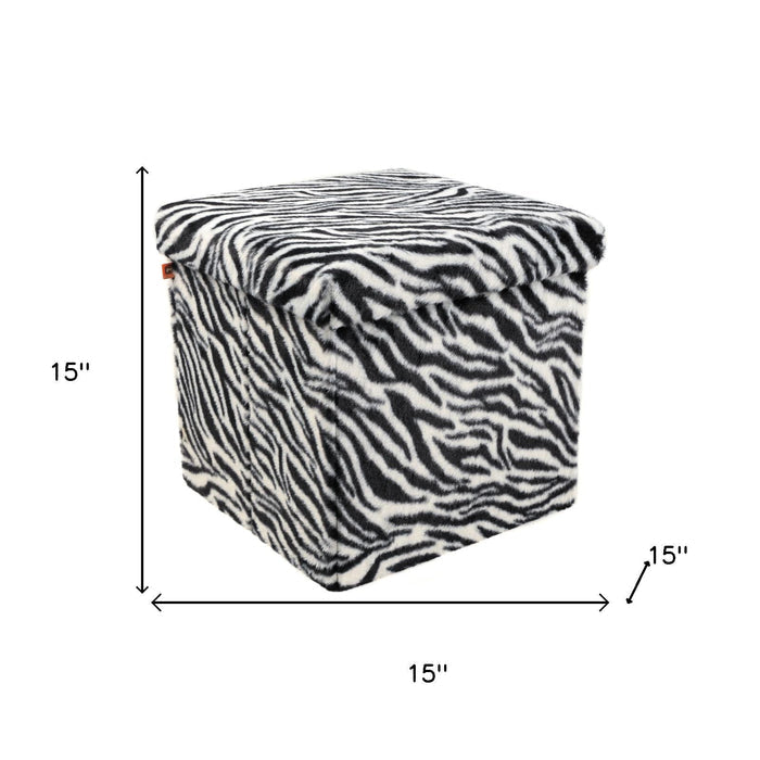 15" Black And White Faux Fur Zebra Ottoman
