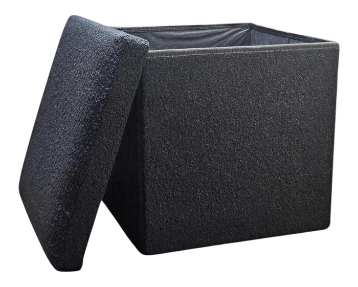 15" Black Boucle Cube Ottoman With Storage