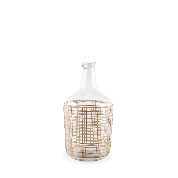 15" Clear And Natural Glass Round Floor Vase With Wrapped Rattan