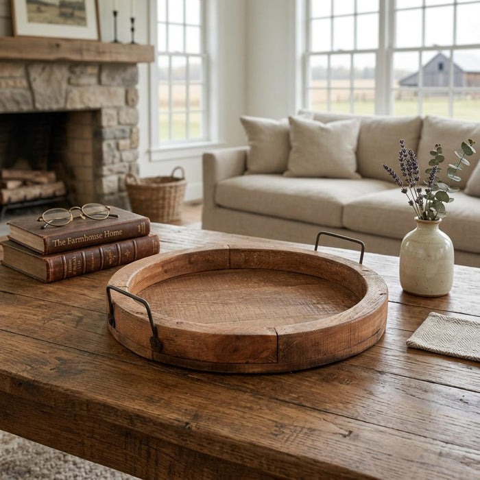 15" Natural Solid Wood Handmade Round Serving Tray With Handles