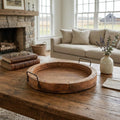 15" Natural Solid Wood Handmade Round Serving Tray With Handles