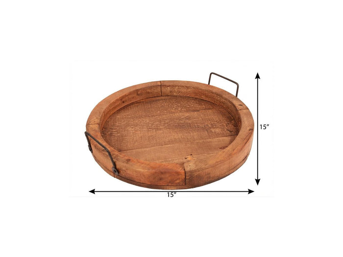 15" Natural Solid Wood Handmade Round Serving Tray With Handles