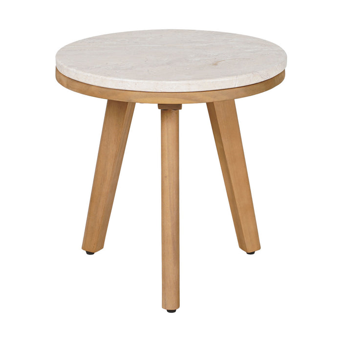16" Beige and Natural Stone and Solid Wood Round Outdoor Side Table