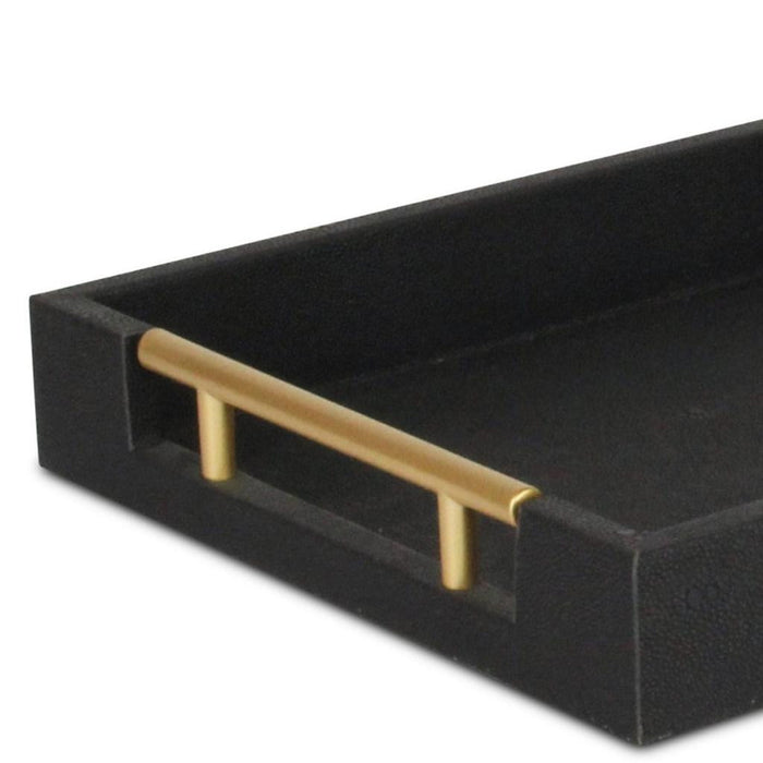 16" Black Wood and Vinyl Faux Shagreen Serving Tray With Gold Handles
