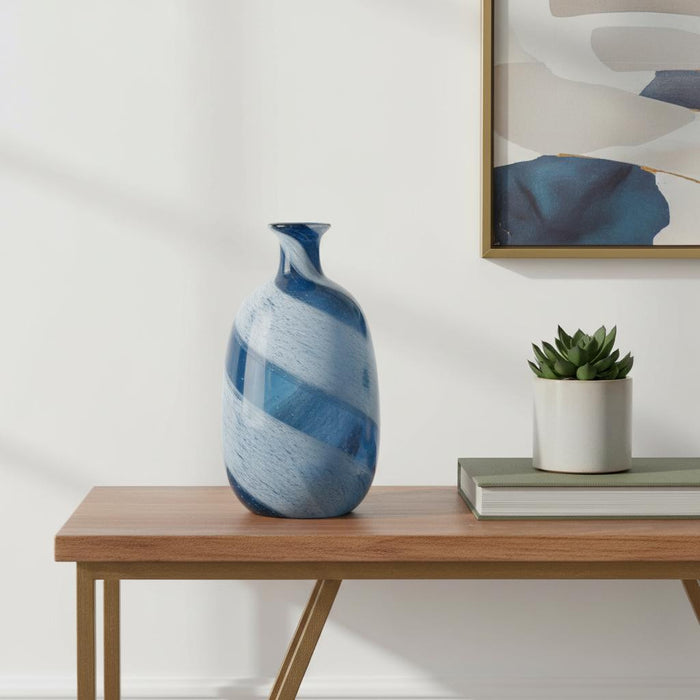 16" Blue And White Striped Swirl Art Glass Table Vase