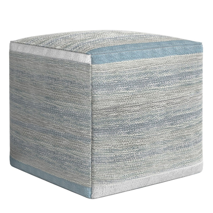 16" Blue Gray and Off White Cotton Abstract Cube Pouf Ottoman
