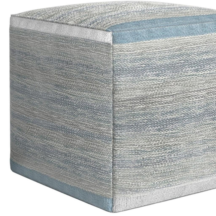 16" Blue Gray and Off White Cotton Abstract Cube Pouf Ottoman
