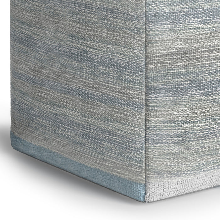 16" Blue Gray and Off White Cotton Abstract Cube Pouf Ottoman