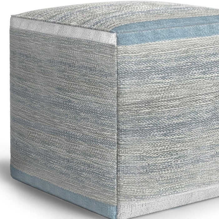 16" Blue Gray and Off White Cotton Abstract Cube Pouf Ottoman