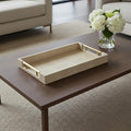 16" Cream Wood and Vinyl Faux Shagreen Serving Tray With Gold Handles