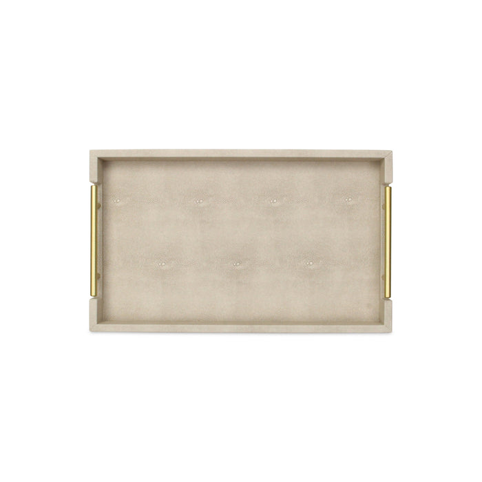 16" Cream Wood and Vinyl Faux Shagreen Serving Tray With Gold Handles