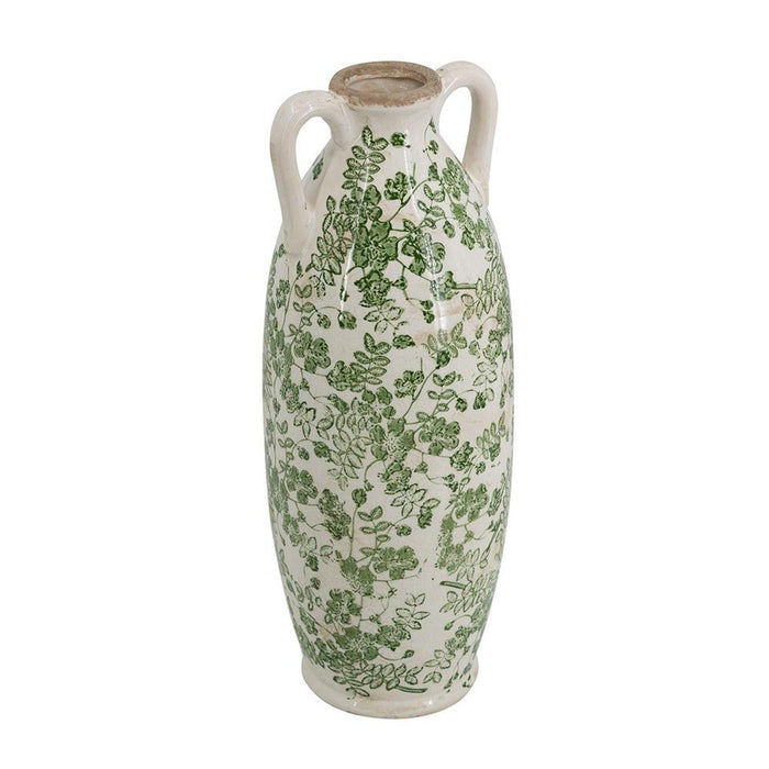 16" Green And White Leaf Ceramic Amphora Table Vase