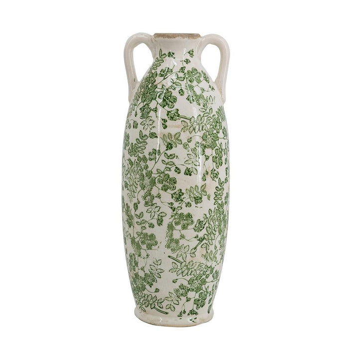 16" Green And White Leaf Ceramic Amphora Table Vase