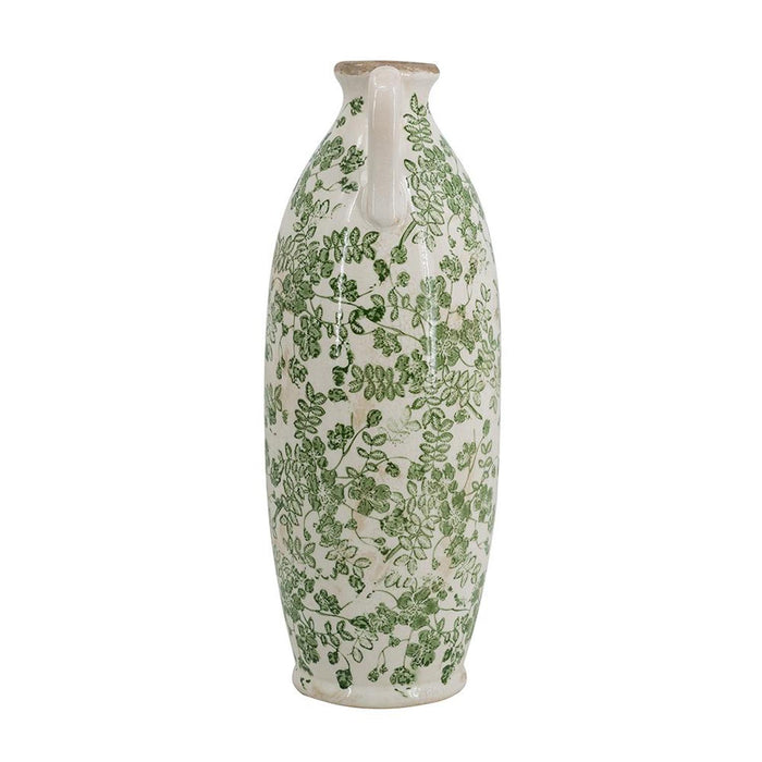 16" Green And White Leaf Ceramic Amphora Table Vase
