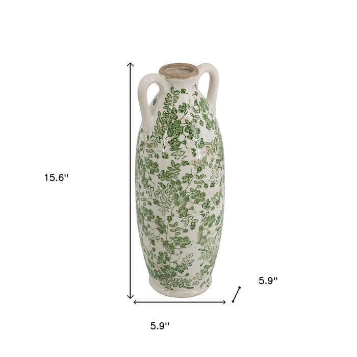 16" Green And White Leaf Ceramic Amphora Table Vase