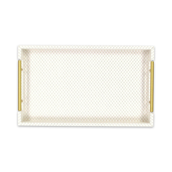 16" Ivory And Gold Geometric Print Handmade Serving Tray With Handles
