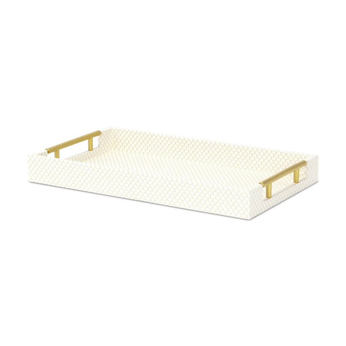 16" Ivory And Gold Geometric Print Handmade Serving Tray With Handles