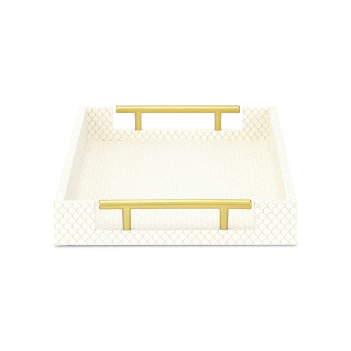 16" Ivory And Gold Geometric Print Handmade Serving Tray With Handles
