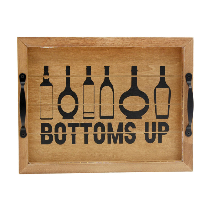 16" Natural And Black Wood Bottoms Up Wine Serving Tray With Handles And LED Lights