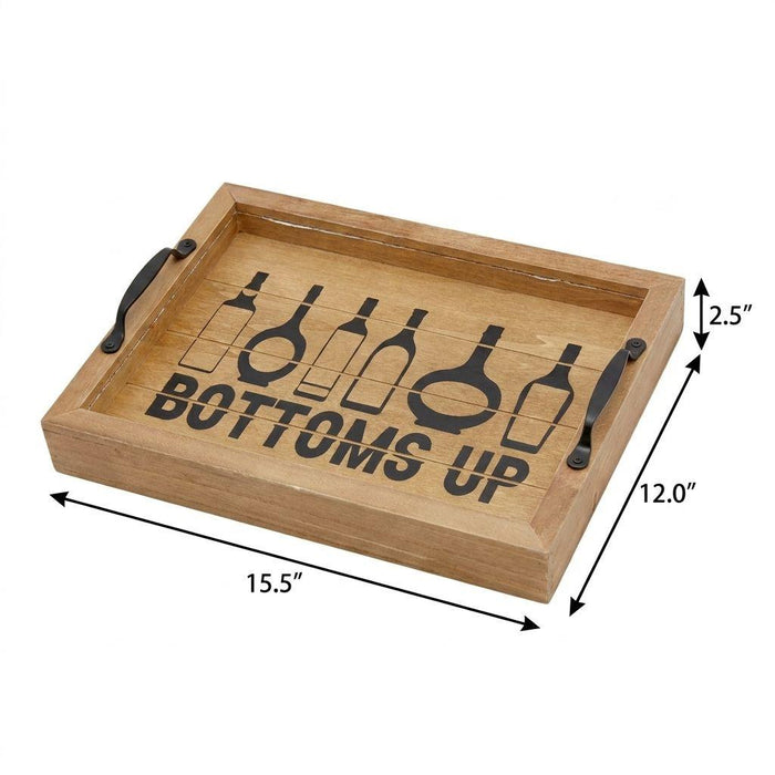 16" Natural And Black Wood Bottoms Up Wine Serving Tray With Handles And LED Lights