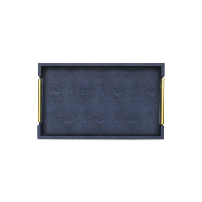 16" Navy Blue Wood Faux Shagreen Serving Tray With Handles