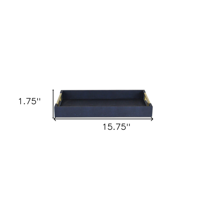 16" Navy Blue Wood Faux Shagreen Serving Tray With Handles