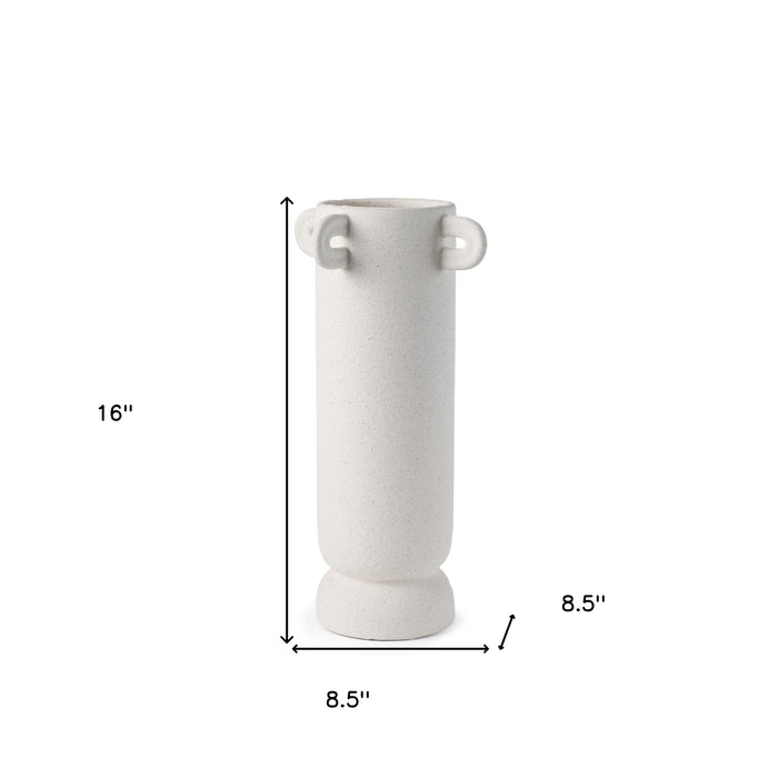 16" Off White Cylinder Ceramic Table Vase With Handles