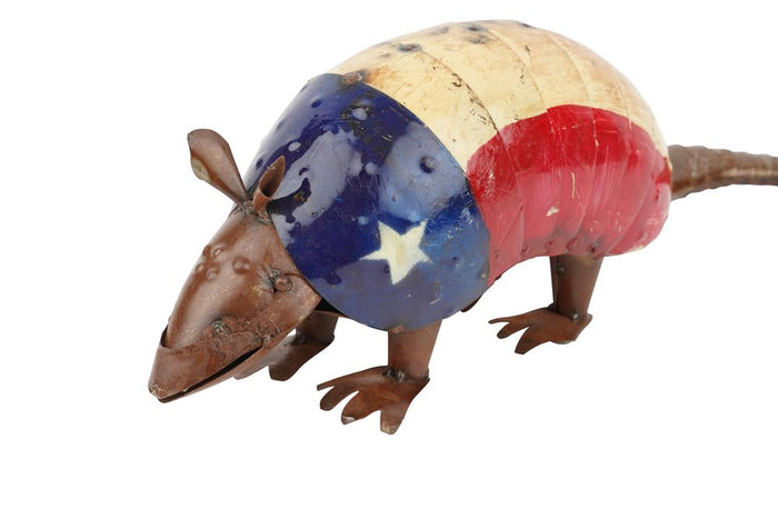 16" Red Off White And Blue Metal Armadillo Tabletop Sculpture