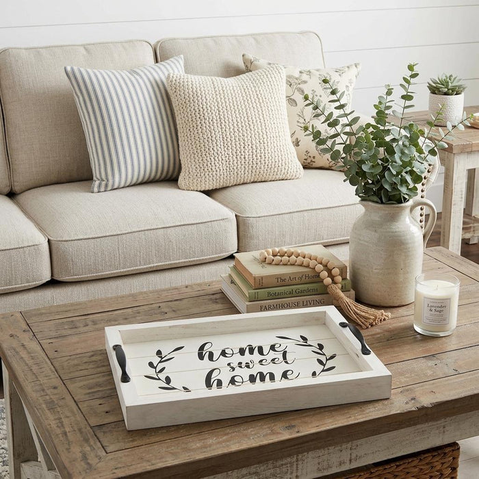 16" White And Black Wood Home Sweet Home Serving Tray With Handles And LED Lights