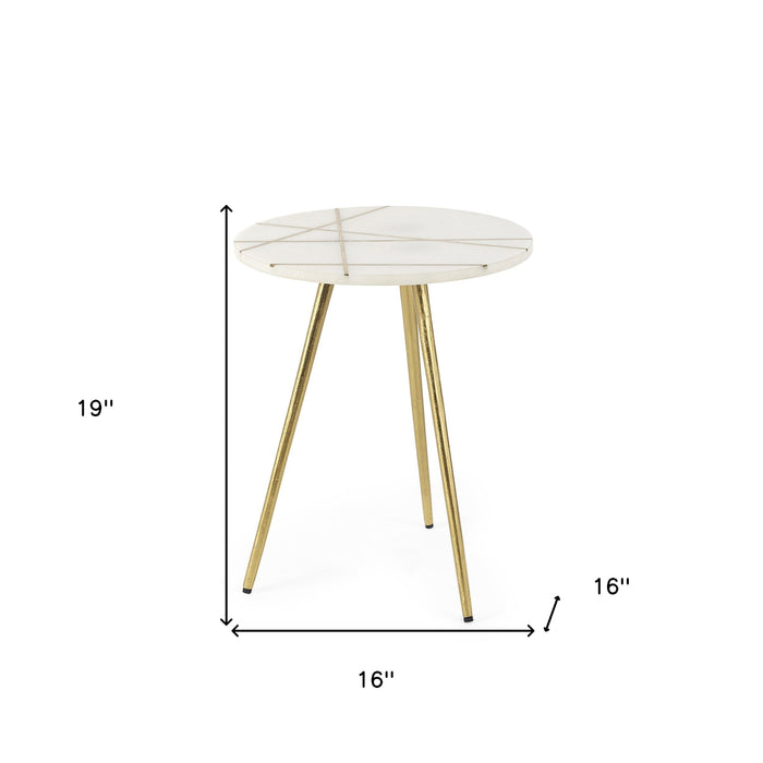 16" White and Gold Stone and Metal Tray Table