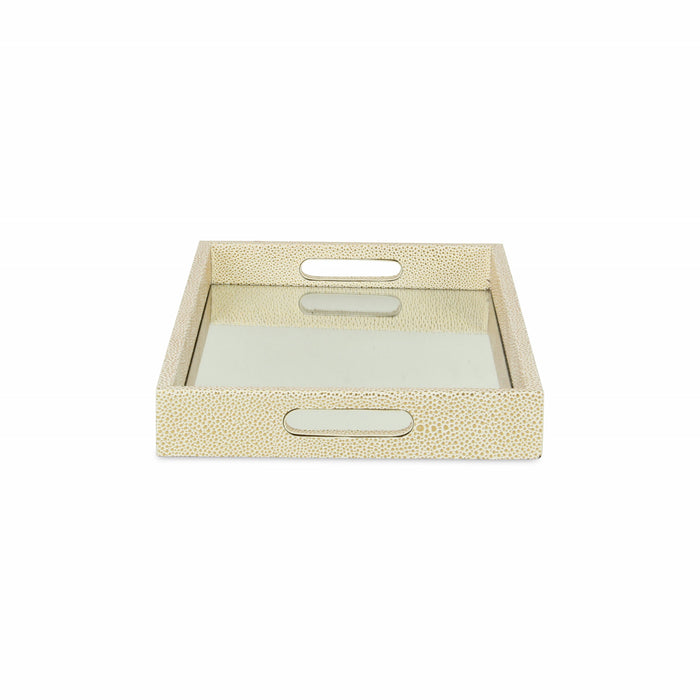 16" White Gold Rectangular Wood Handmade Tray With Handles