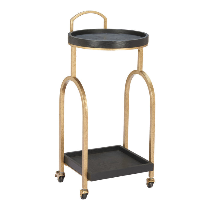 17" Black And Brass Steel and Solid Wood Distressed Round Rolling Bar Cart