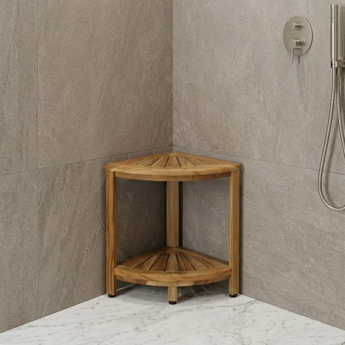 17" Brown Teak Corner Shower Bench With Shelf