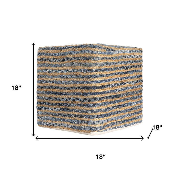18" Beige and Blue Cotton And Jute Striped Pouf Ottoman