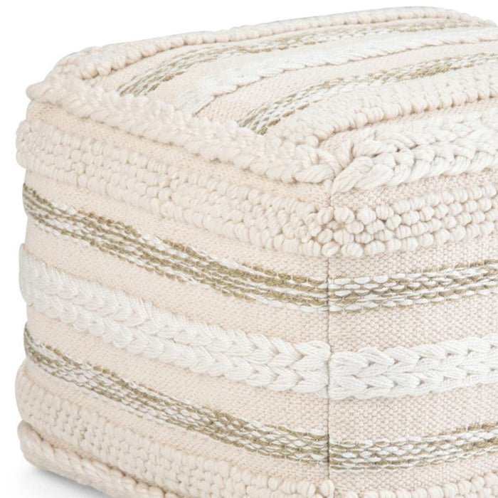 18" Beige Brown and White Cotton Striped Pouf Ottoman