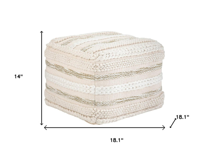 18" Beige Brown and White Cotton Striped Pouf Ottoman