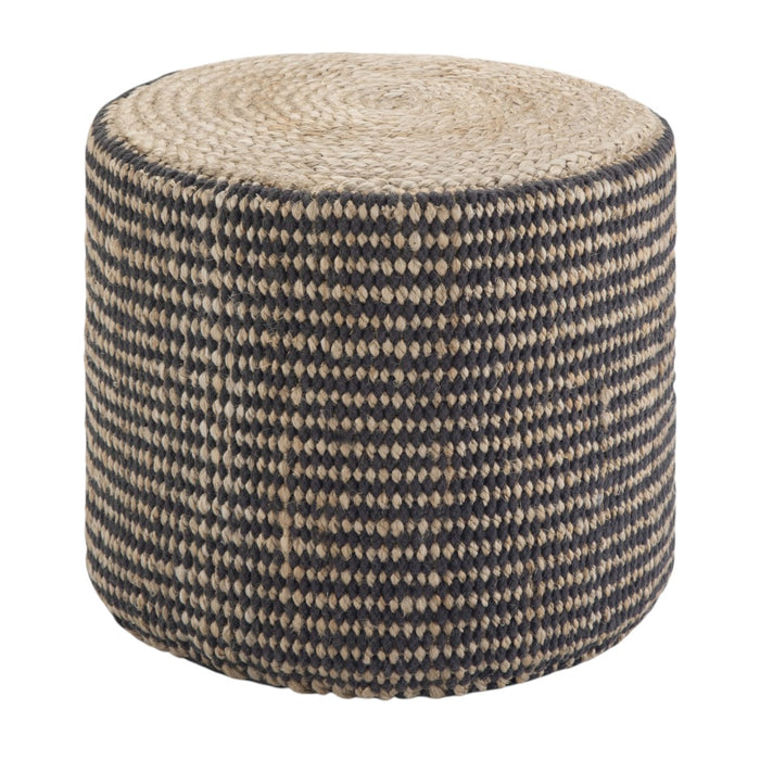 18" Black and Natural Jute Round Pouf Ottoman