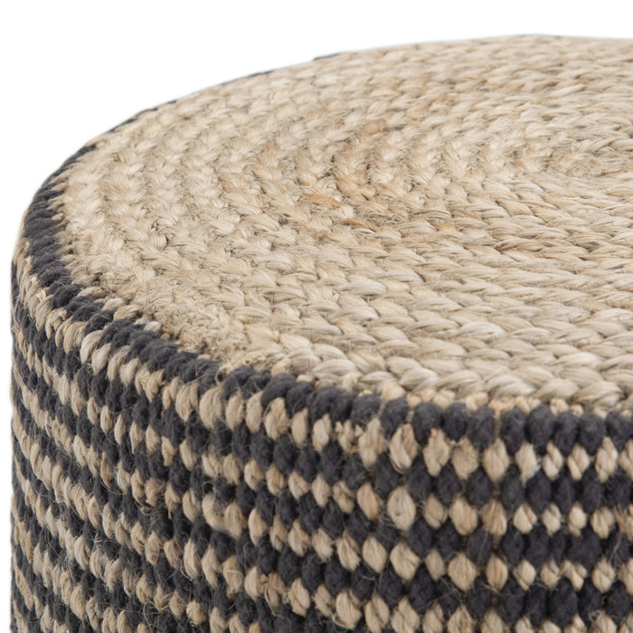 18" Black and Natural Jute Round Pouf Ottoman