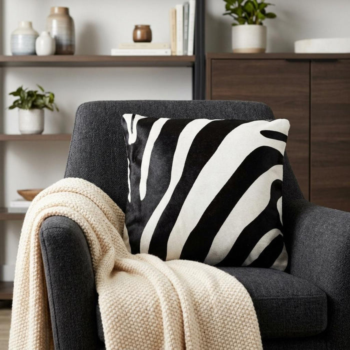18" Black and Off White Cowhide Throw Pillow