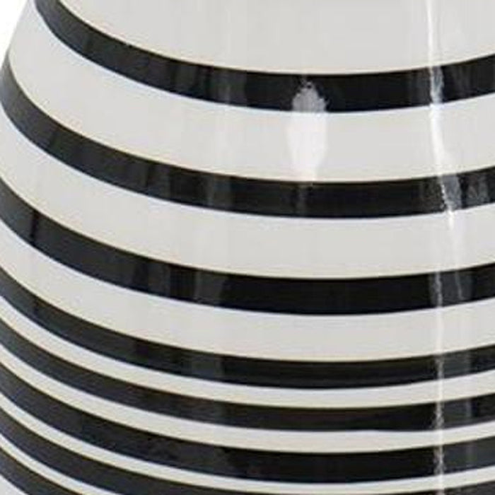 18" Black And White Hand Painted Stripe Ceramic Table Vase