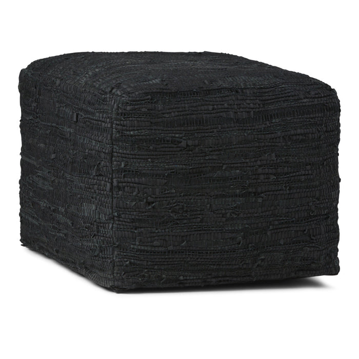 18" Black Genuine Leather Pouf Ottoman