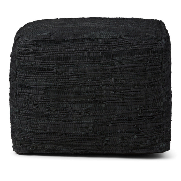 18" Black Genuine Leather Pouf Ottoman