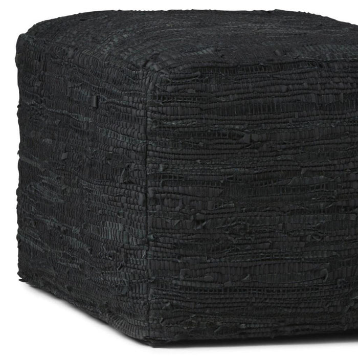 18" Black Genuine Leather Pouf Ottoman