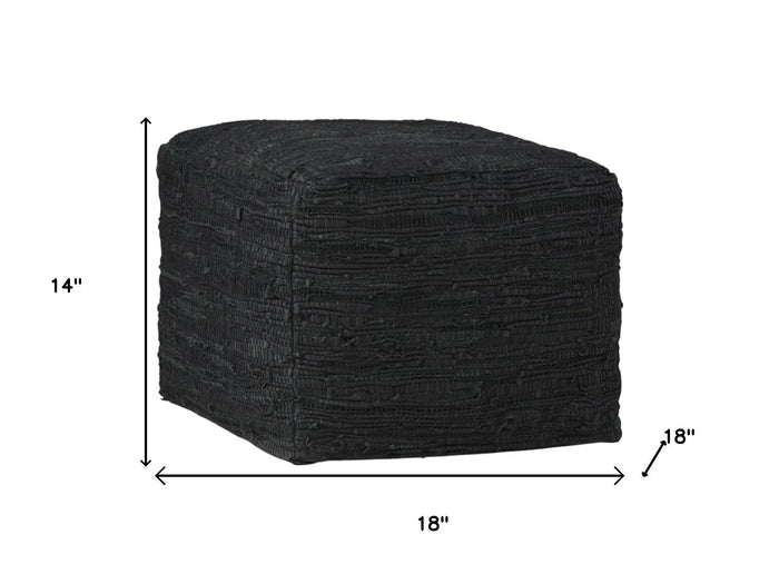 18" Black Genuine Leather Pouf Ottoman