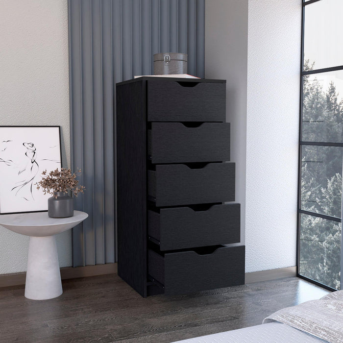 18" Black Wood Five Drawer Dresser