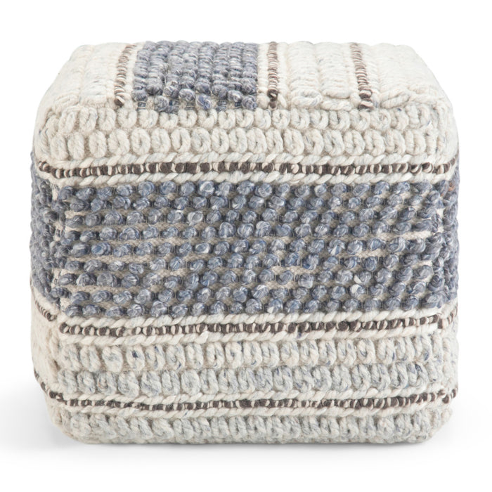 18" Blue Brown and Off White Cotton and Wool Striped Pouf Ottoman
