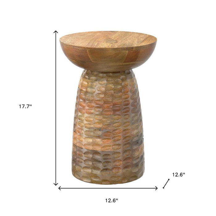 18" Brown Distressed Solid Wood Round Pedestal End Table