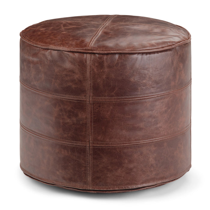 18" Brown Genuine Leather Round Pouf Ottoman