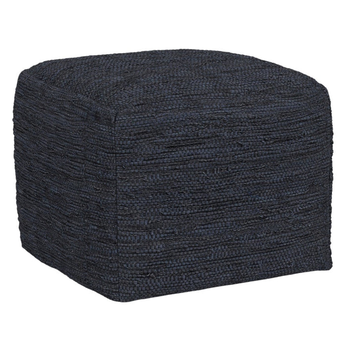 18" Dark Blue Genuine Leather Pouf Ottoman
