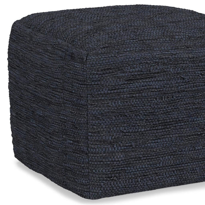 18" Dark Blue Genuine Leather Pouf Ottoman
